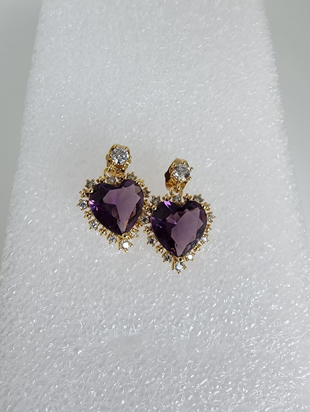 Purple Heart Crystal Drop Earrings Gold Plated Romantic Statement Gift